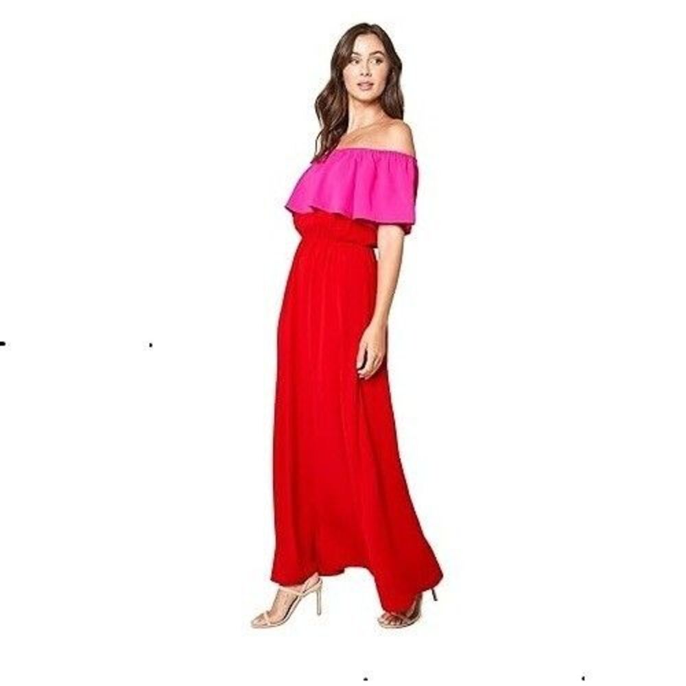 Sugar Lips Maxi Dress Women Medium Pink Red Colorblock Off Shoulder Short Sleeve